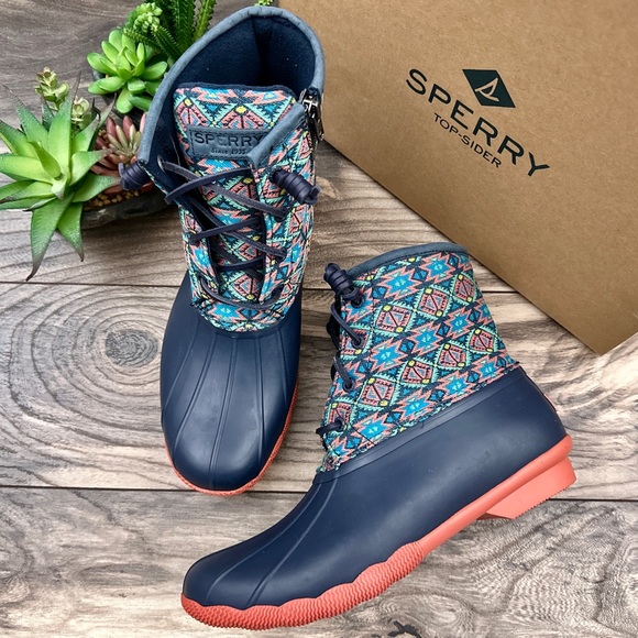 NIB Sperry Saltwater Serape Textile Geometric Navy Waterproof Duck Rain Boots - Picture 1 of 13